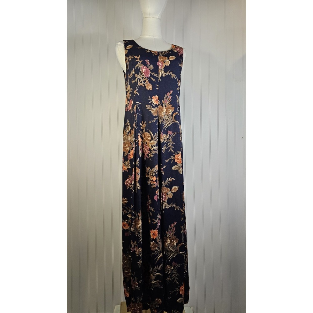 Vintage Laura Ashley Dark Navy Blue Floral Maxi Dress 90s Cottagecore Size 6